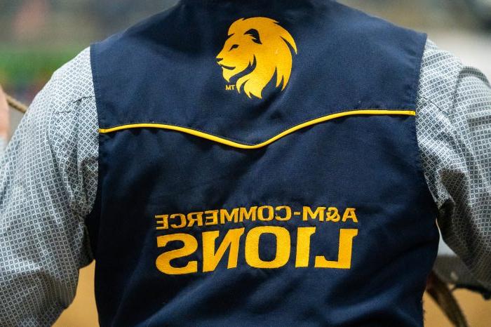 一个人穿着一件写着“A”的蓝色背心&“移动商务雄狮”，金色镶边.